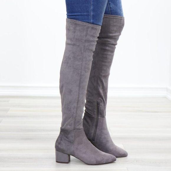Pointy Toe Over The Knee Gray Boots Faux Suede - Picture 3 of 12
